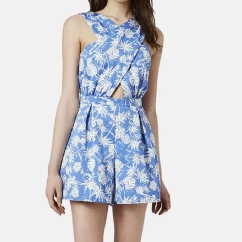 TOPSHOP Palm Print Blue & White Cross Front Romper Size 2